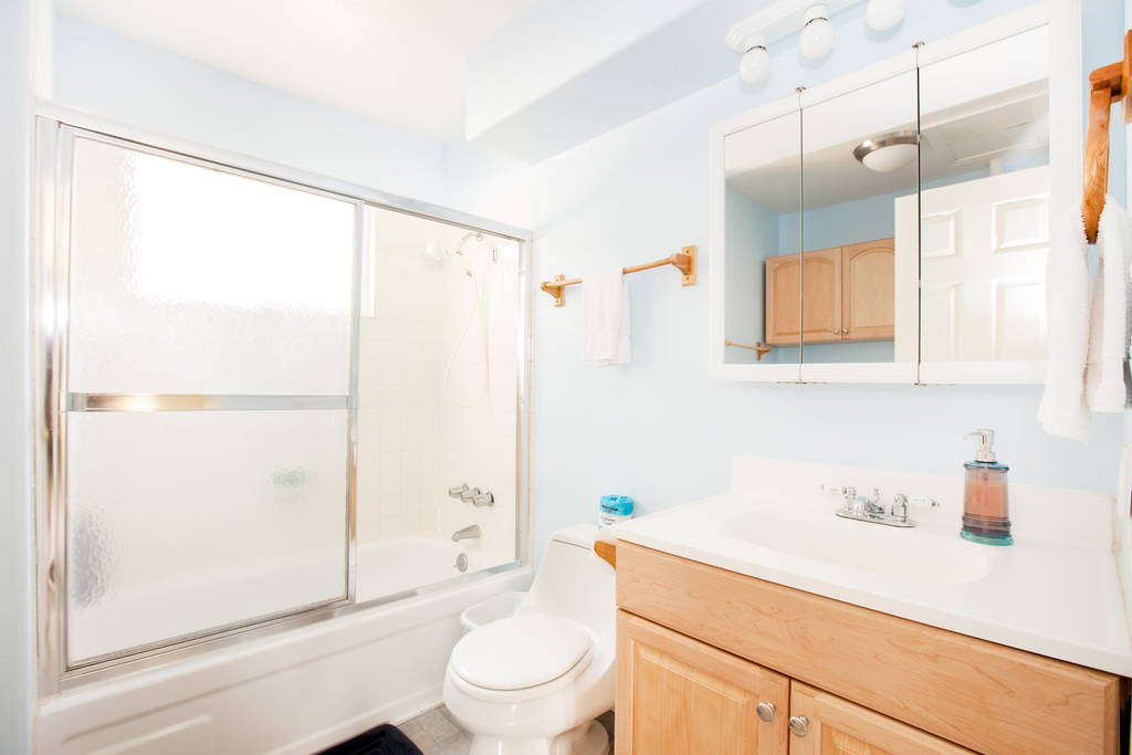 Downstairs bathroom with tub and laundry