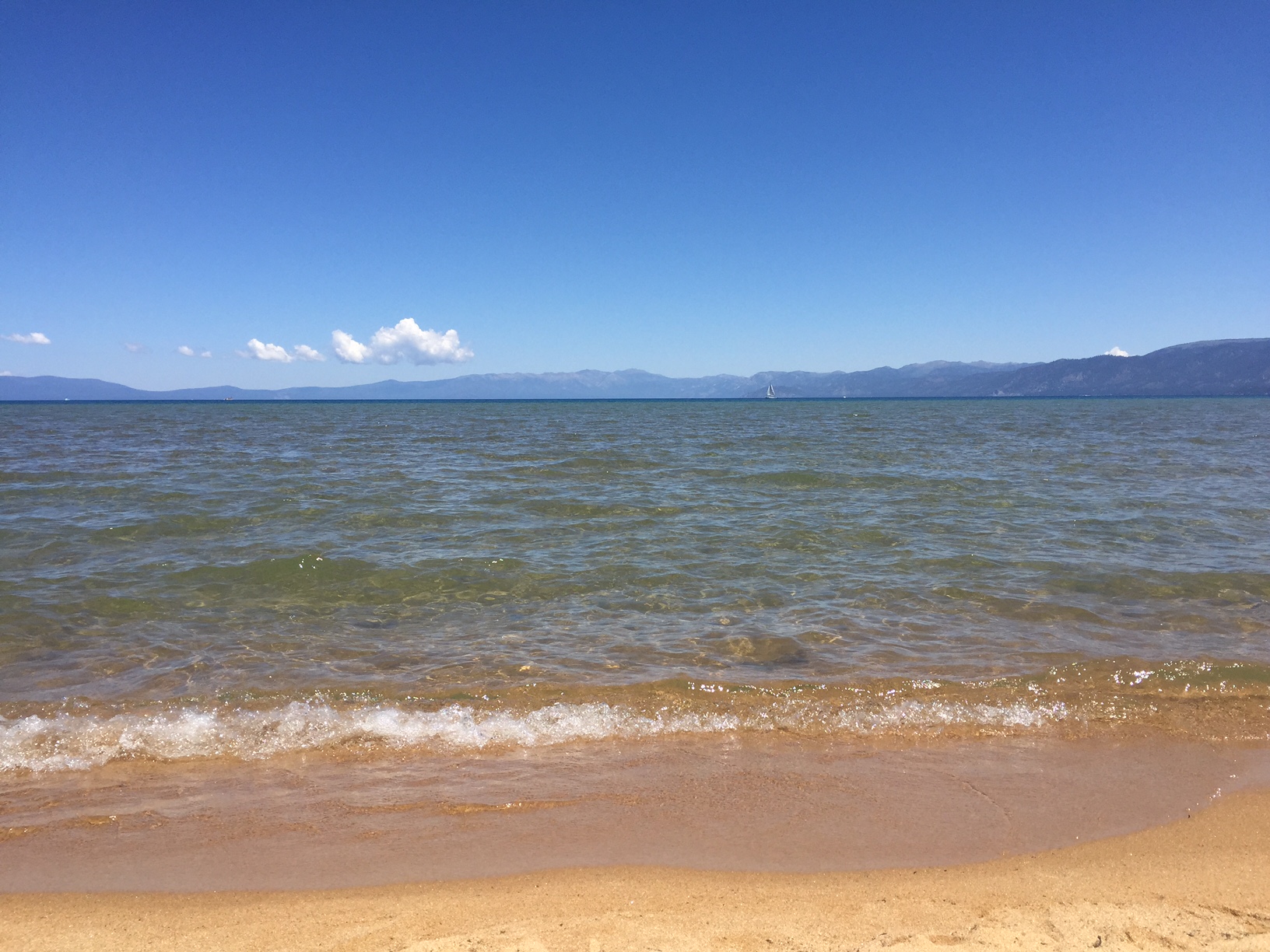 Sandy beach and blue water of Lake Tahoe