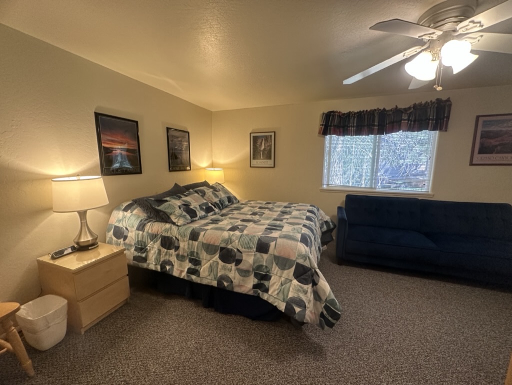 Wide view of upstairs queen bedroom with navy sofa and July 2023 geometric bedding