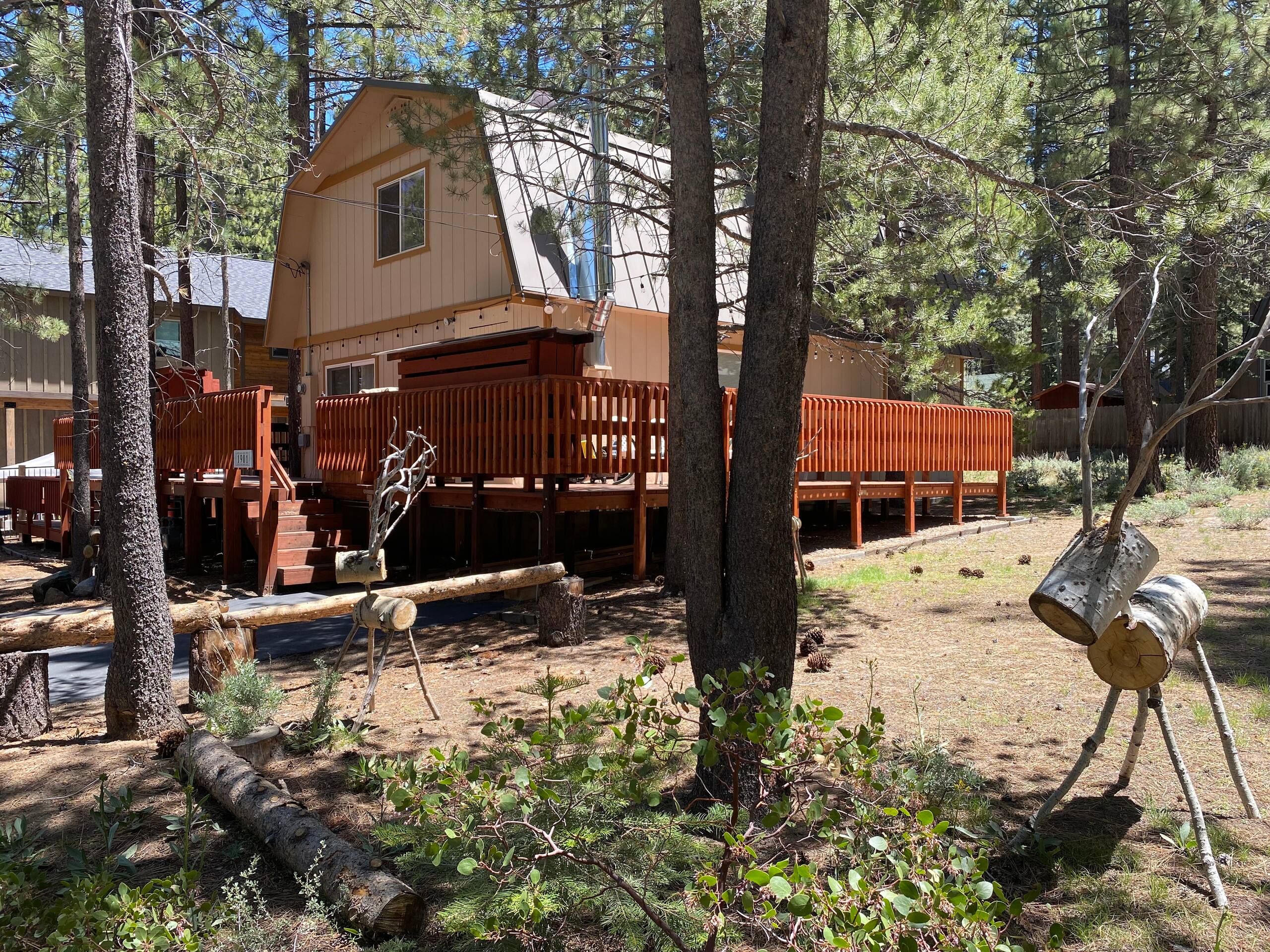 Pair of log wood deer in the pine-needle yard at CoatneyCabin